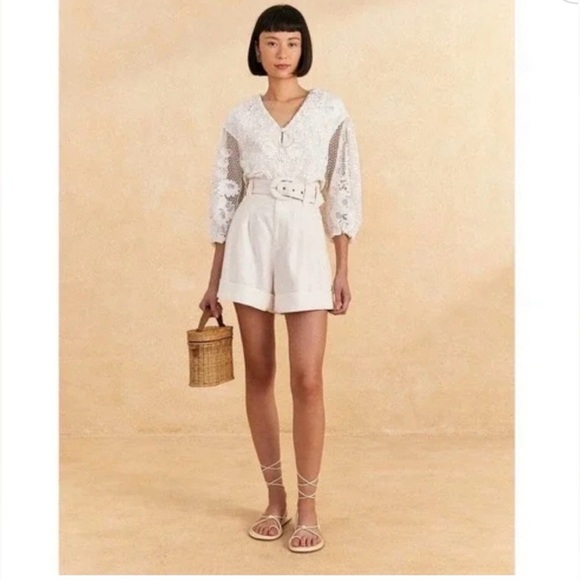NWT FARM RIO X Anthropologie Tailored Linen Shorts in Off White with Belt Size S - Picture 5 of 10